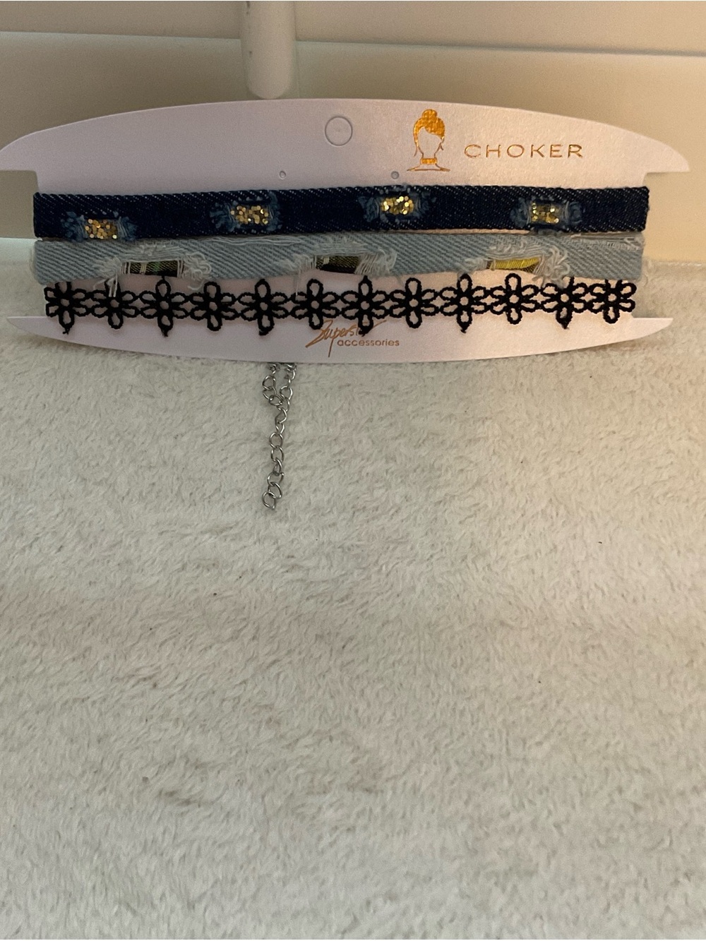 Three-Pack Women's Choker Set - Black Floral, Light Blue Denim, Dark Blue Jewel